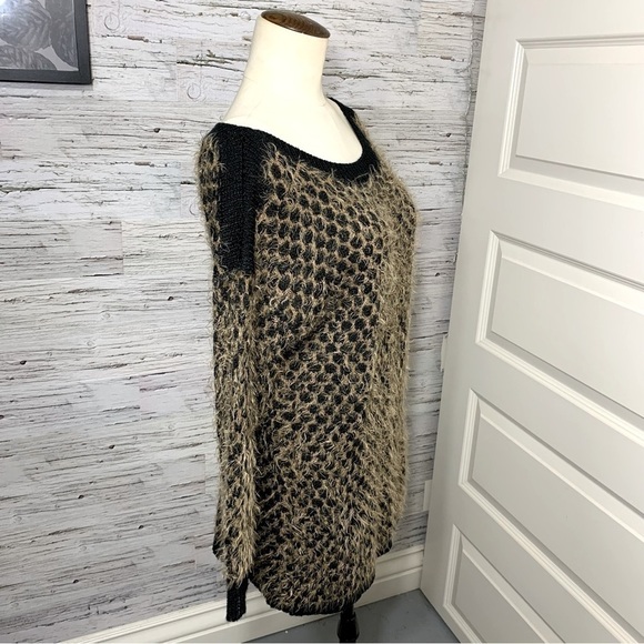 Marble Black Brown Knit Sweater Fuzzy Boat Neck Long Sleeves Slit Back Sz Medium - Picture 5 of 11